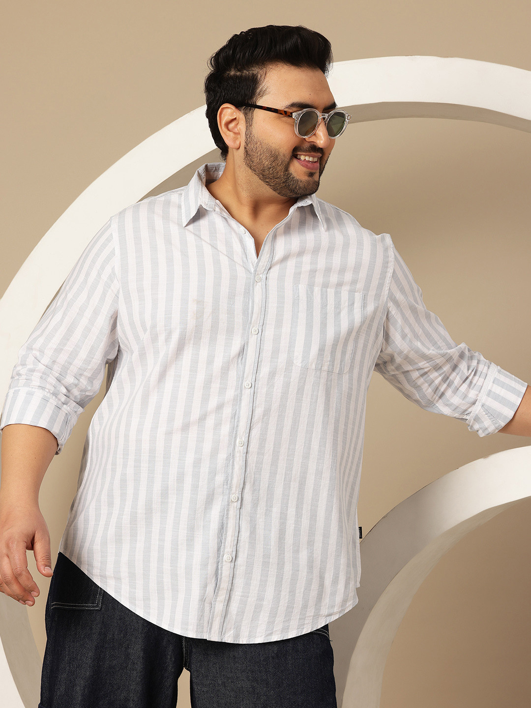 Sztori Plus Size Striped Pure Cotton Casual Shirt