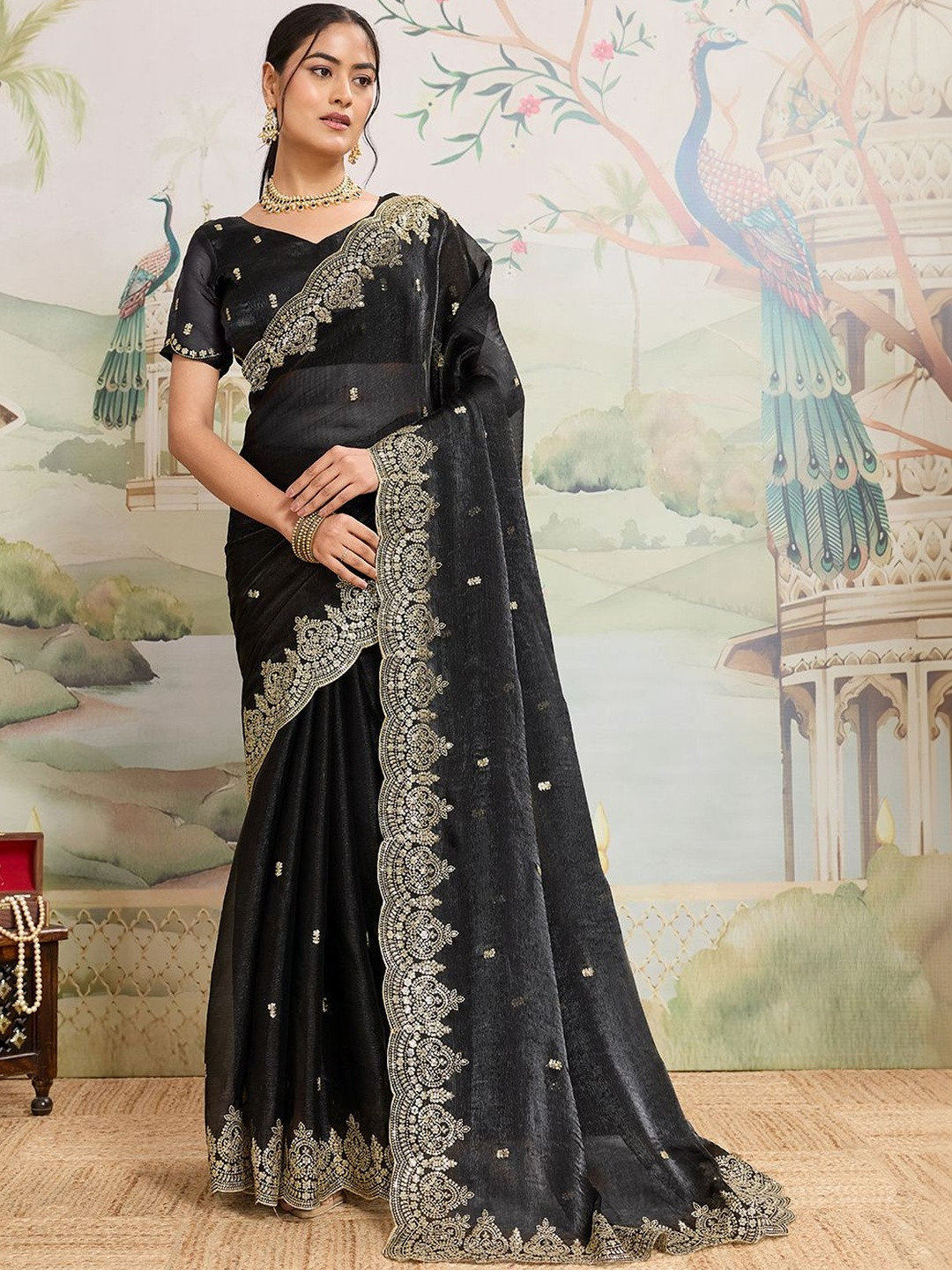 HERE&NOW Ethnic Motifs Embroidered Organza Heavy Work Saree