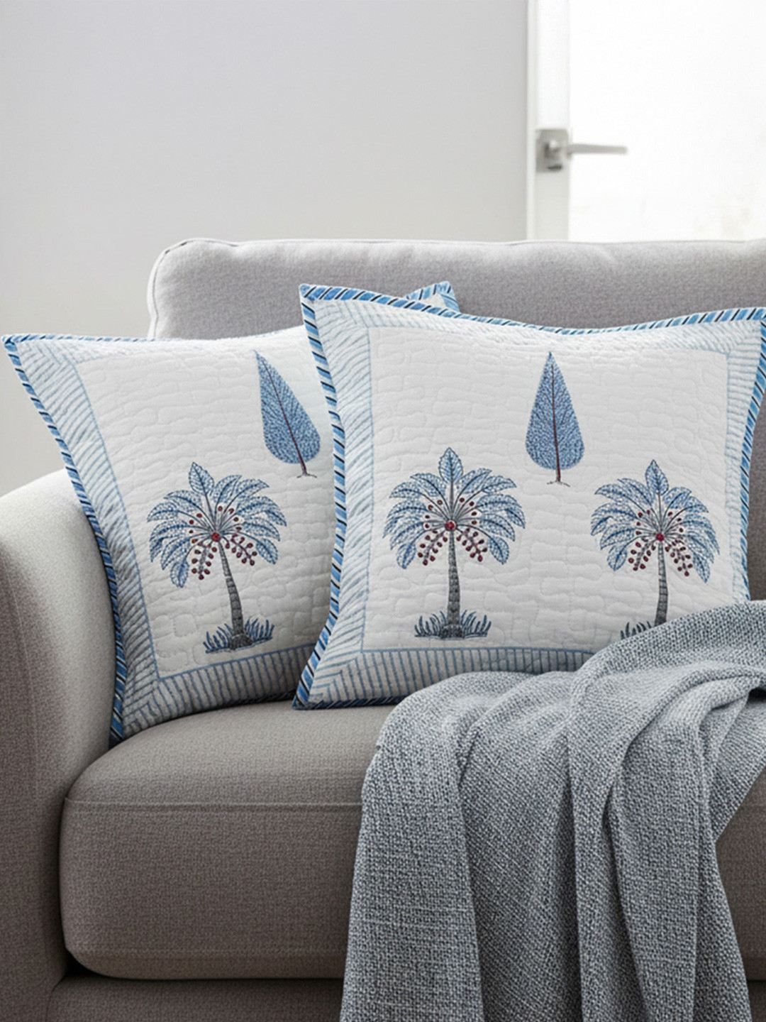HOMEMONDE Hand Block Blue & White Set of 2 Floral Square Cushion Covers