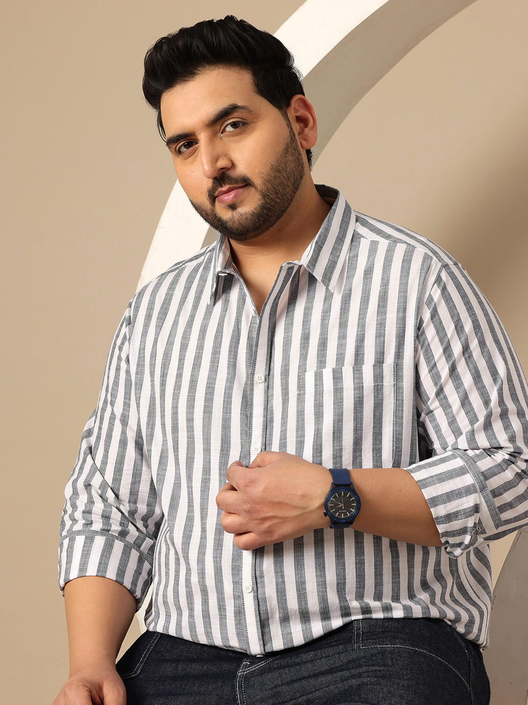 Sztori Plus Size Vertical Stripes Pure Cotton Casual Shirt