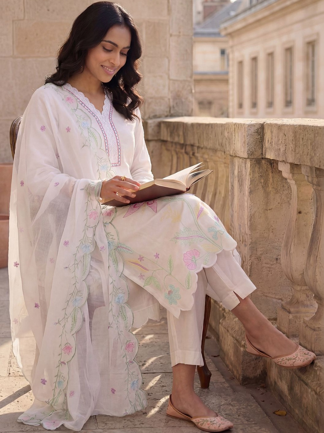 Indo Era Women Floral Embroidered Regular Thread Work Kurta with Trousers & With Dupatta