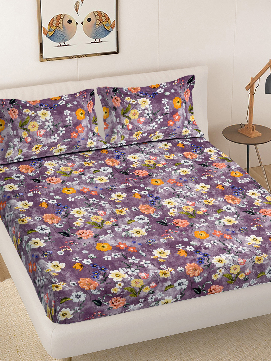 FABINALIV Purple Floral 300 TC King Bedsheet with 2 Pillow Covers