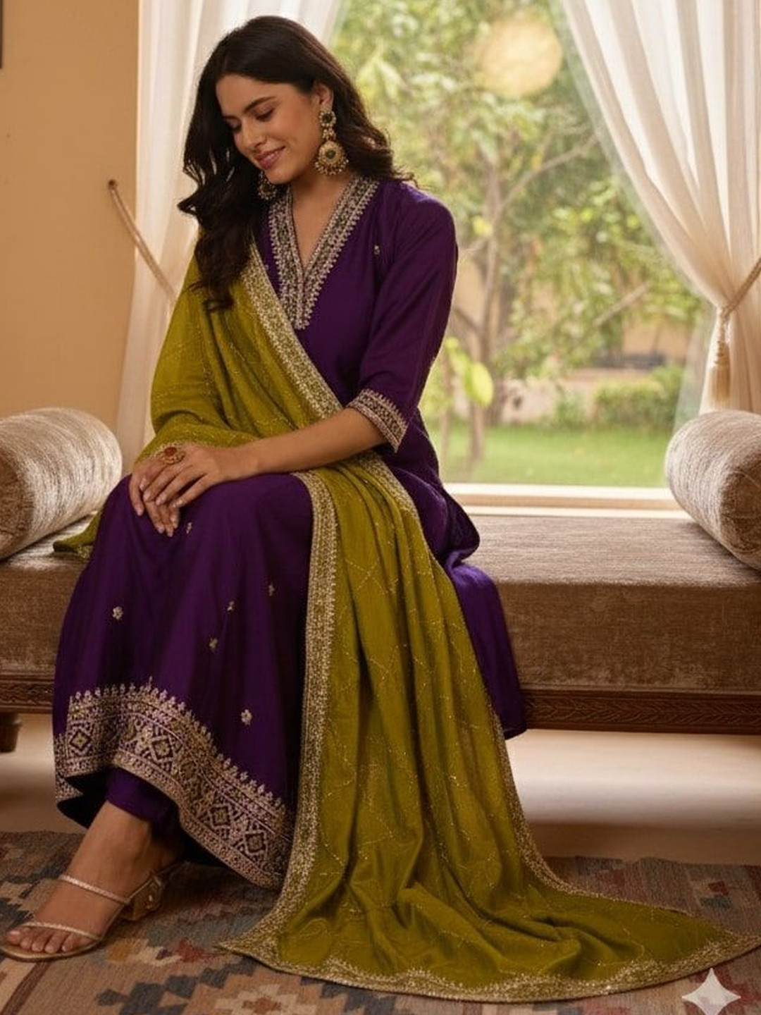 all about you Women Ethnic Motifs Embroidered Regular Sequinned Kurta with Trousers & With Dupatta