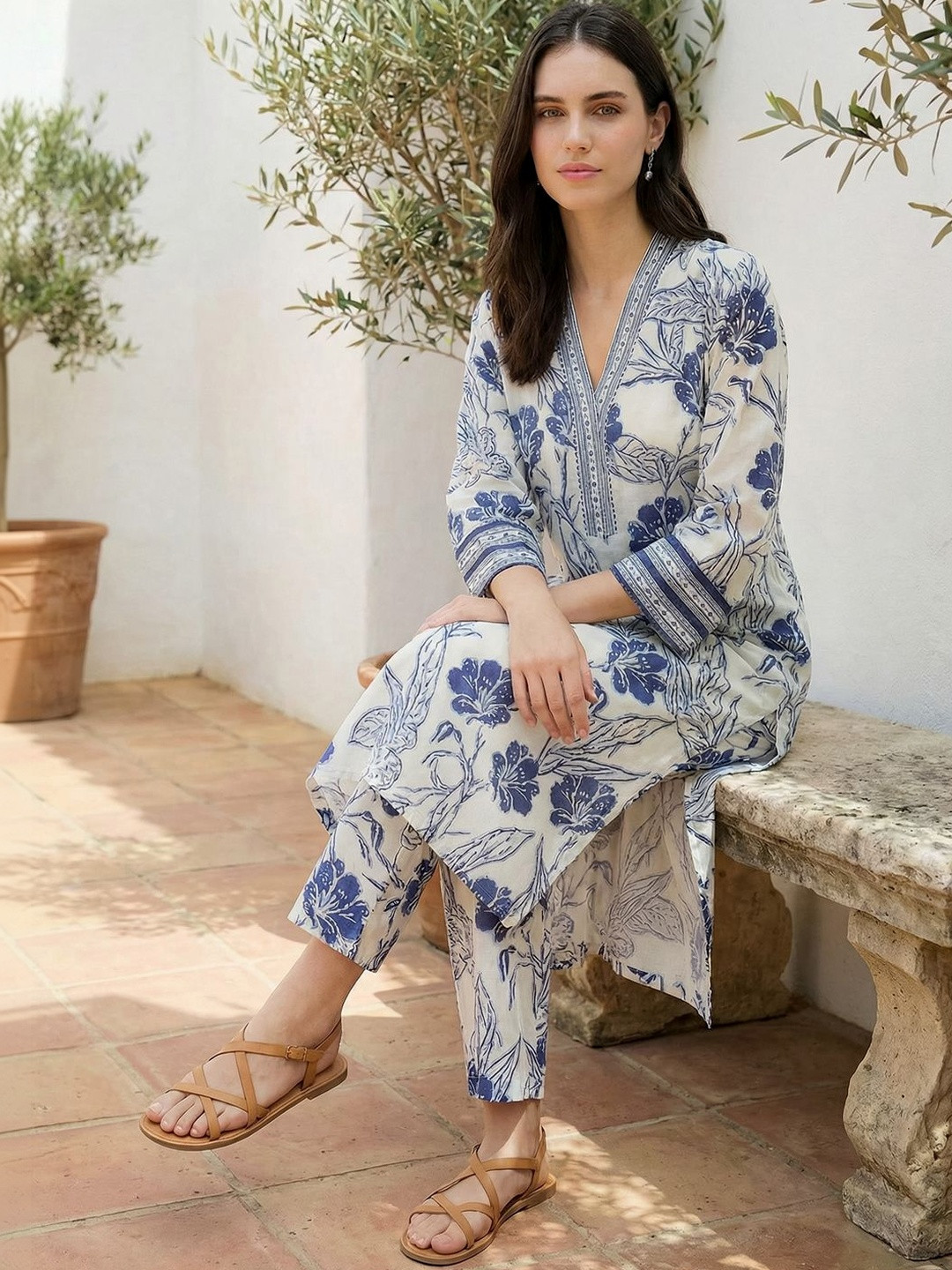 Indo Era Printed V-Neck Top With Trousers Co-Ords