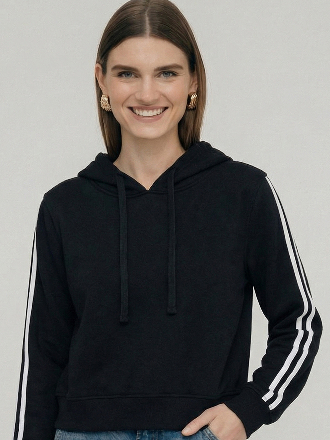 Tokyo Talkies Women Black & White Solid Hooded Sweatshirt
