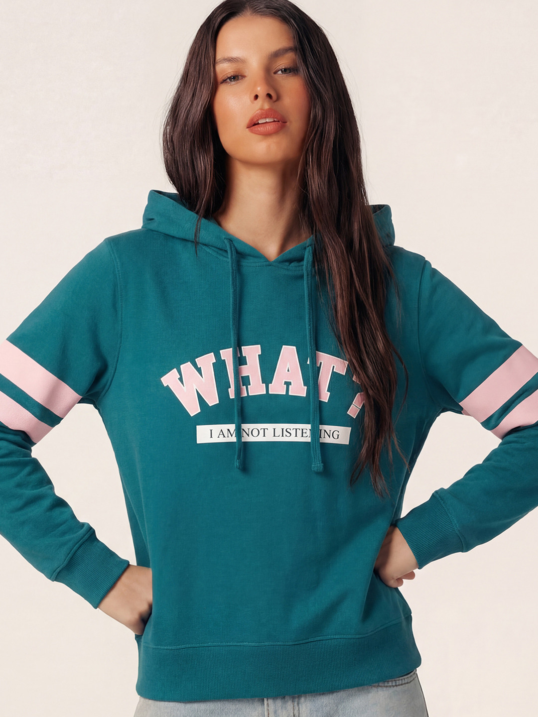 Tokyo Talkies Women Teal Green Printed Hooded Sweatshirt