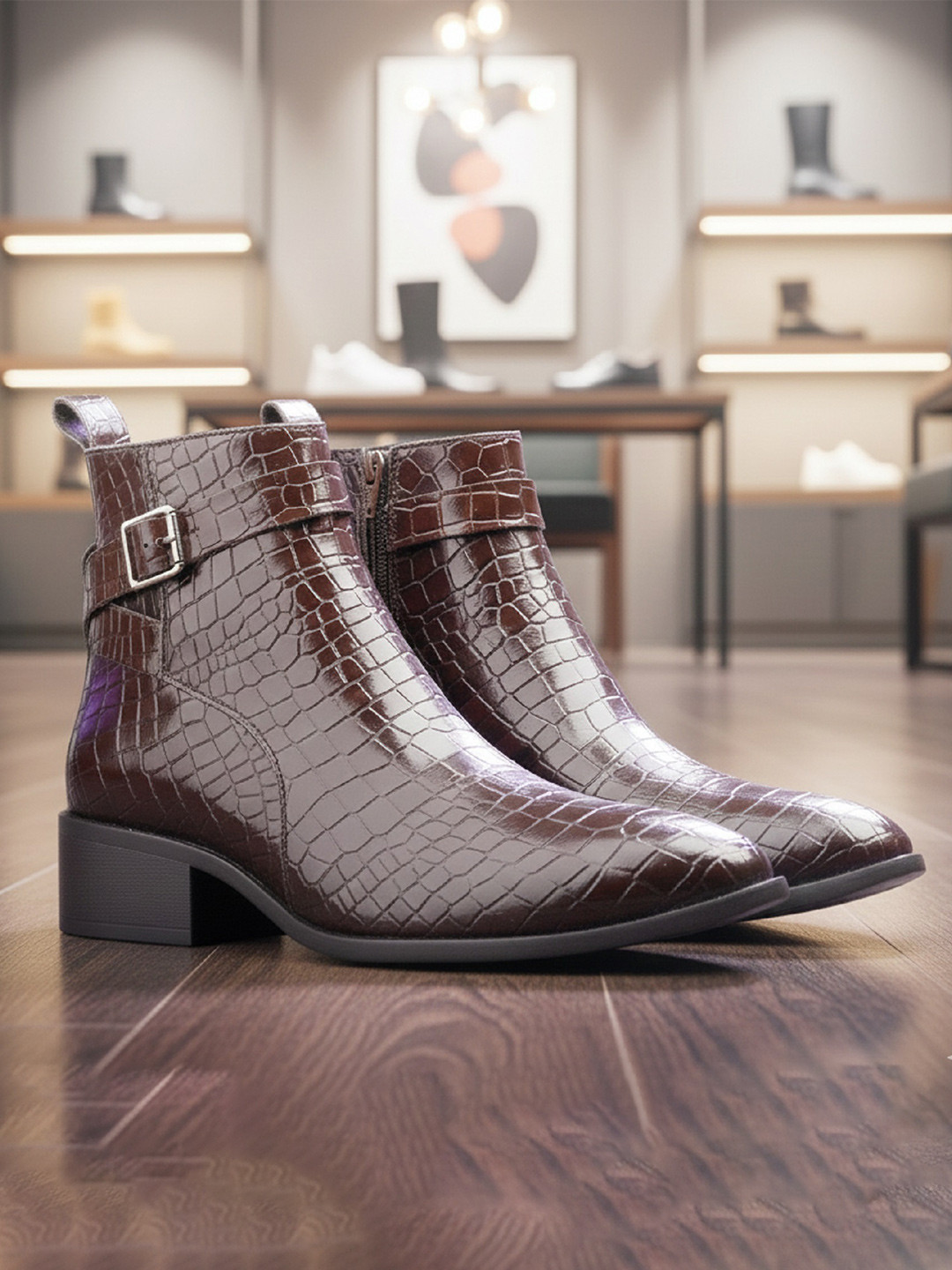Bxxy Men Elevator Brown Croc Finish Party wear Block-Heeled Pointed-Toe Ankle Boots