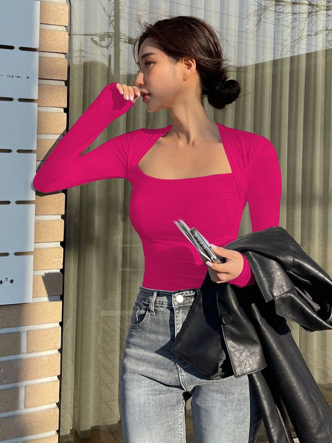 BAESD Solid Square Neck Long Sleeves Top
