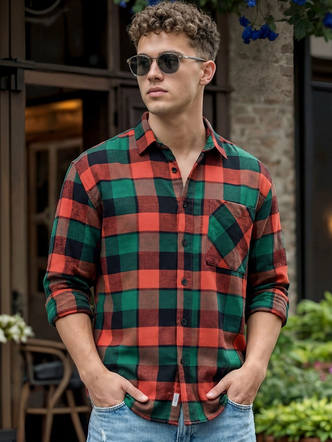 Bewakoof Men's Green & Red Checked Oversized Shirt