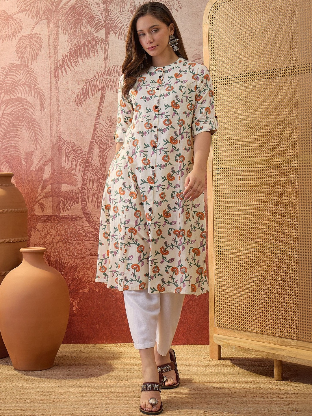 Sangria Women Cream Floral Printed Pure Cotton A-line Kurta