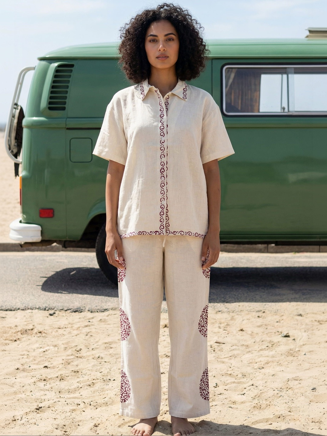 SANSKRUTIHOMES Beige Printed Shirt Collar & Trousers Cotton Co-Ords