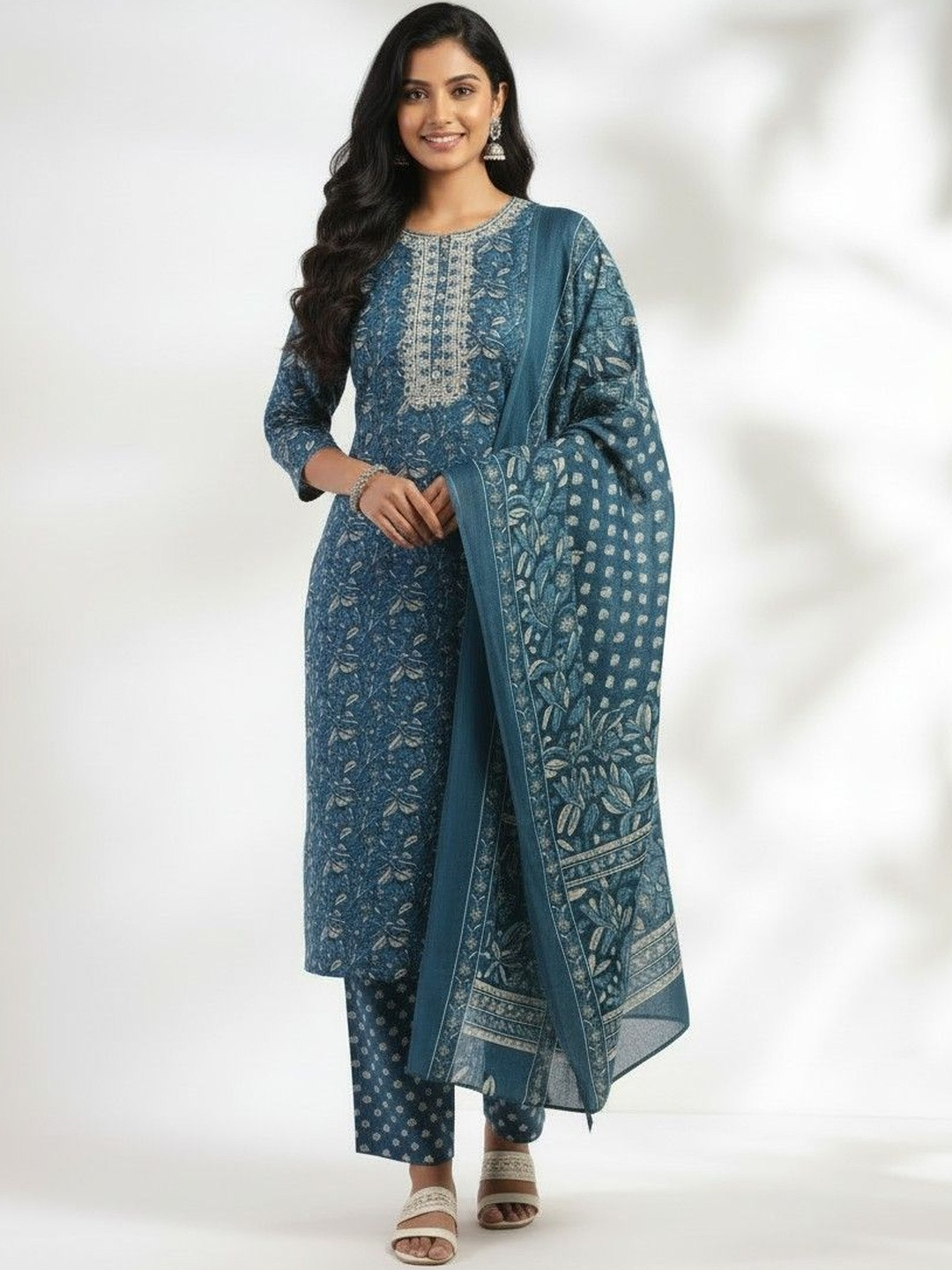 Kirrin Women Ethnic Motifs Printed Regular Thread Work Pure Cotton Kurta with Trousers & With Dupatta