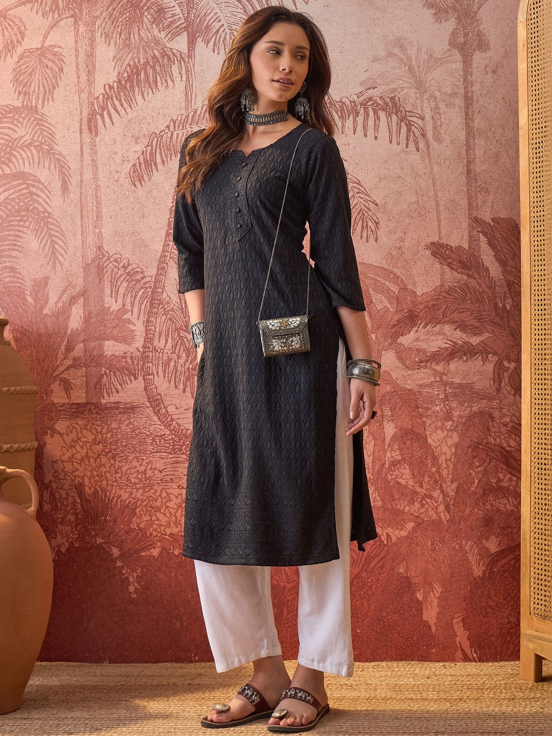 Sangria Embroidered Round Neck Calf Length Straight Kurtas