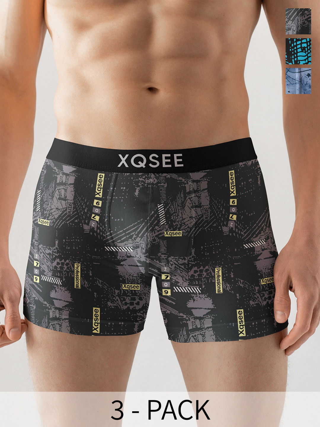 XQSEE Men Pack Of 3 Printed Mid -Rise Short Trunk