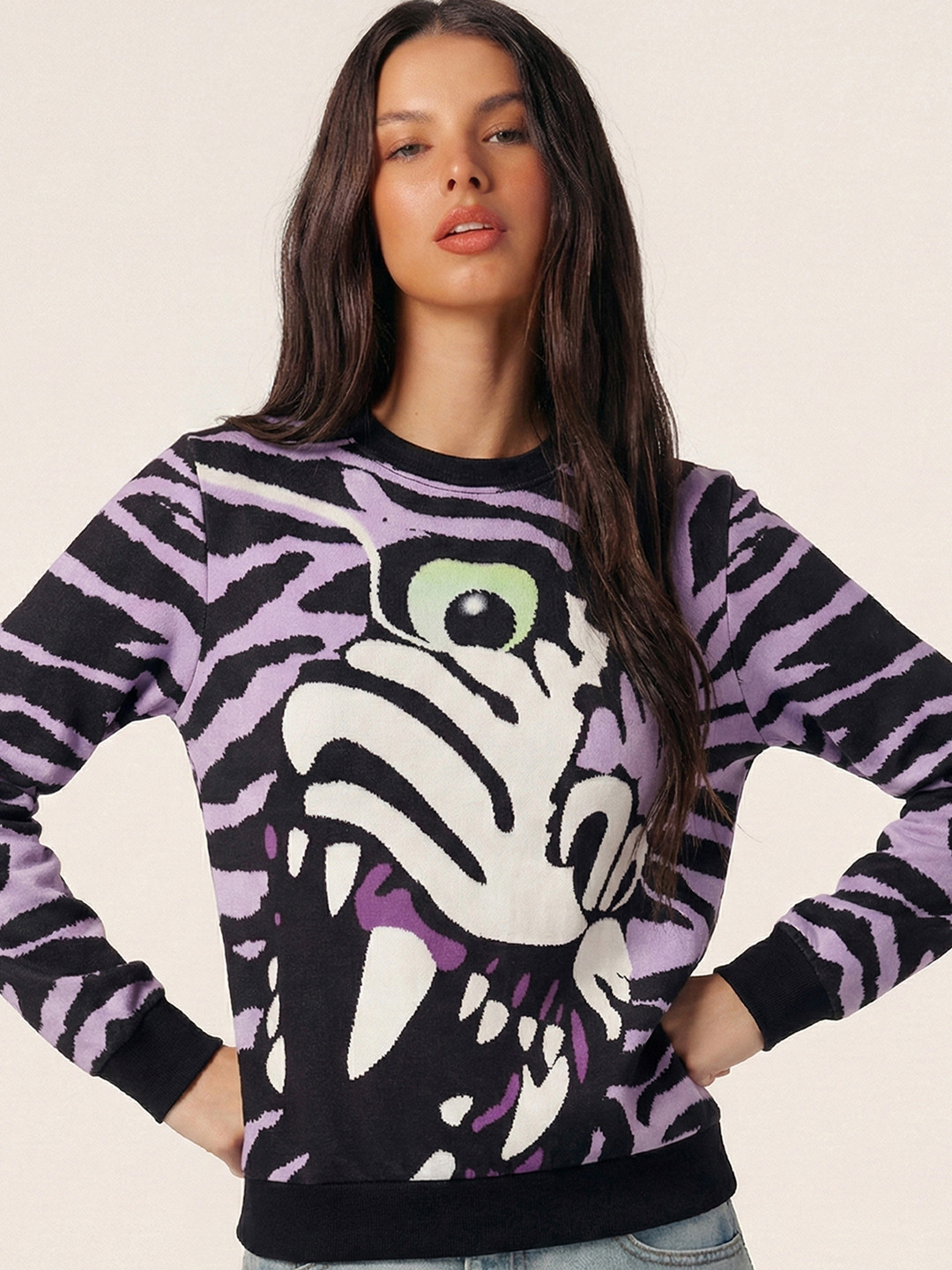 Tokyo Talkies Women Printed Round Neck Sweatshirt
