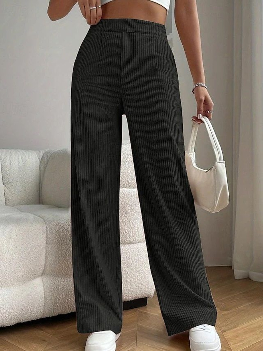 CREZYVEZY Women Textured High-Rise Trousers