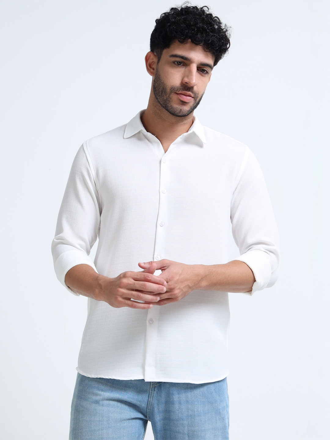 Men's White Textured Regular Fit Casual Shirt