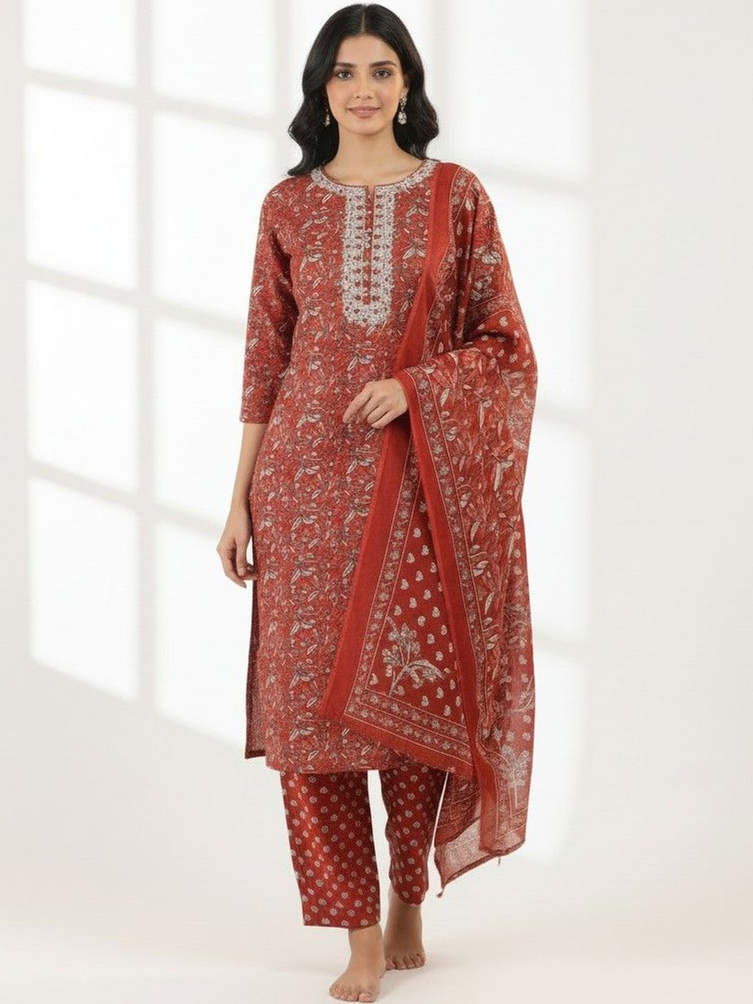 Kirrin Women Ethnic Motifs Printed Regular Thread Work Pure Cotton Kurta with Trousers & With Dupatta