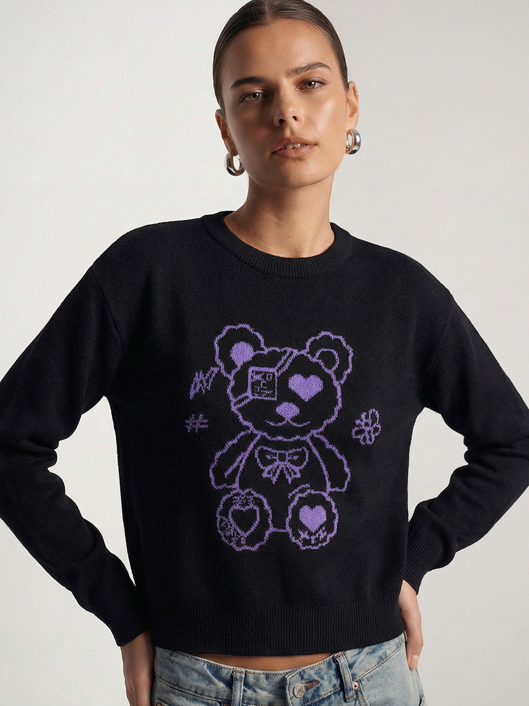 Tokyo Talkies Women Black & Purple Jacquard Pullover