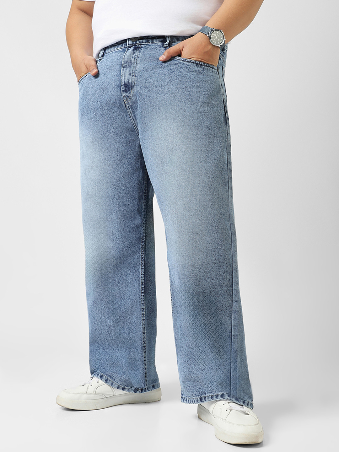 Urbano Plus Men's Blue Loose Baggy Fit Washed Cotton Jeans Non-Stretchable