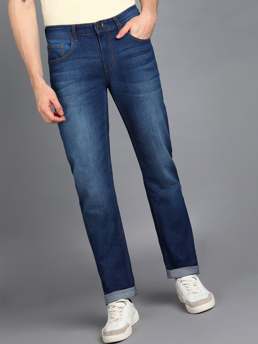 Urbano Fashion Men Washed Blue Heavy Fade Stretchable Cotton Regular Fit Jeans