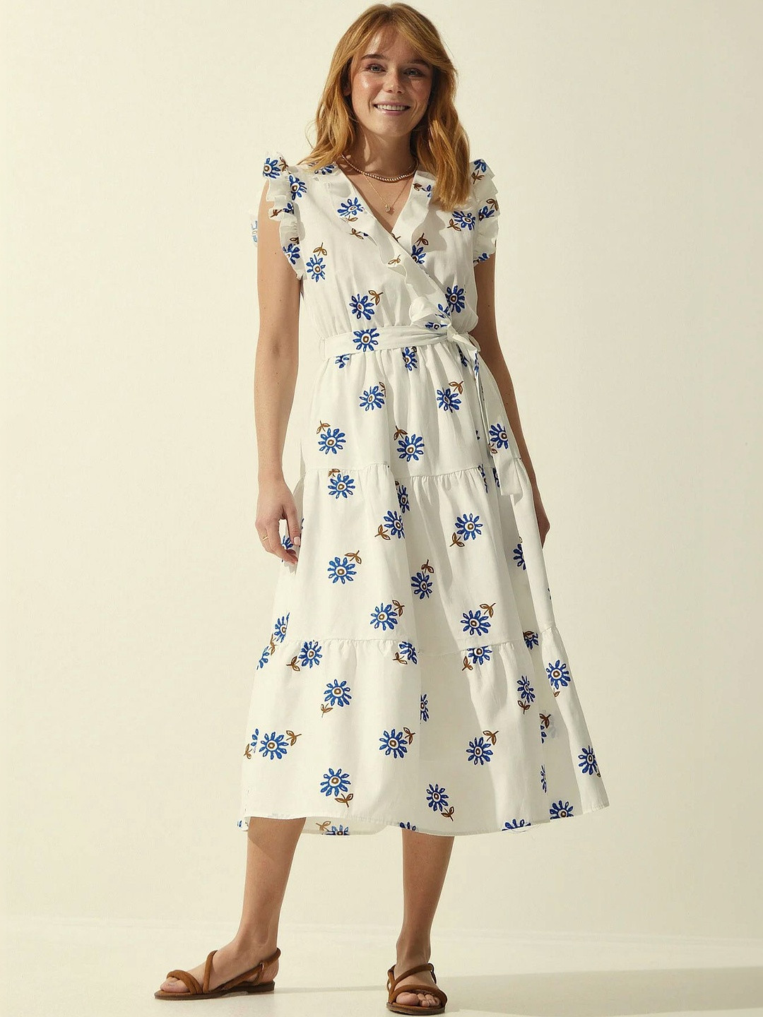 PIMU Floral Print Flutter Sleeve Ruffled Midi Dress