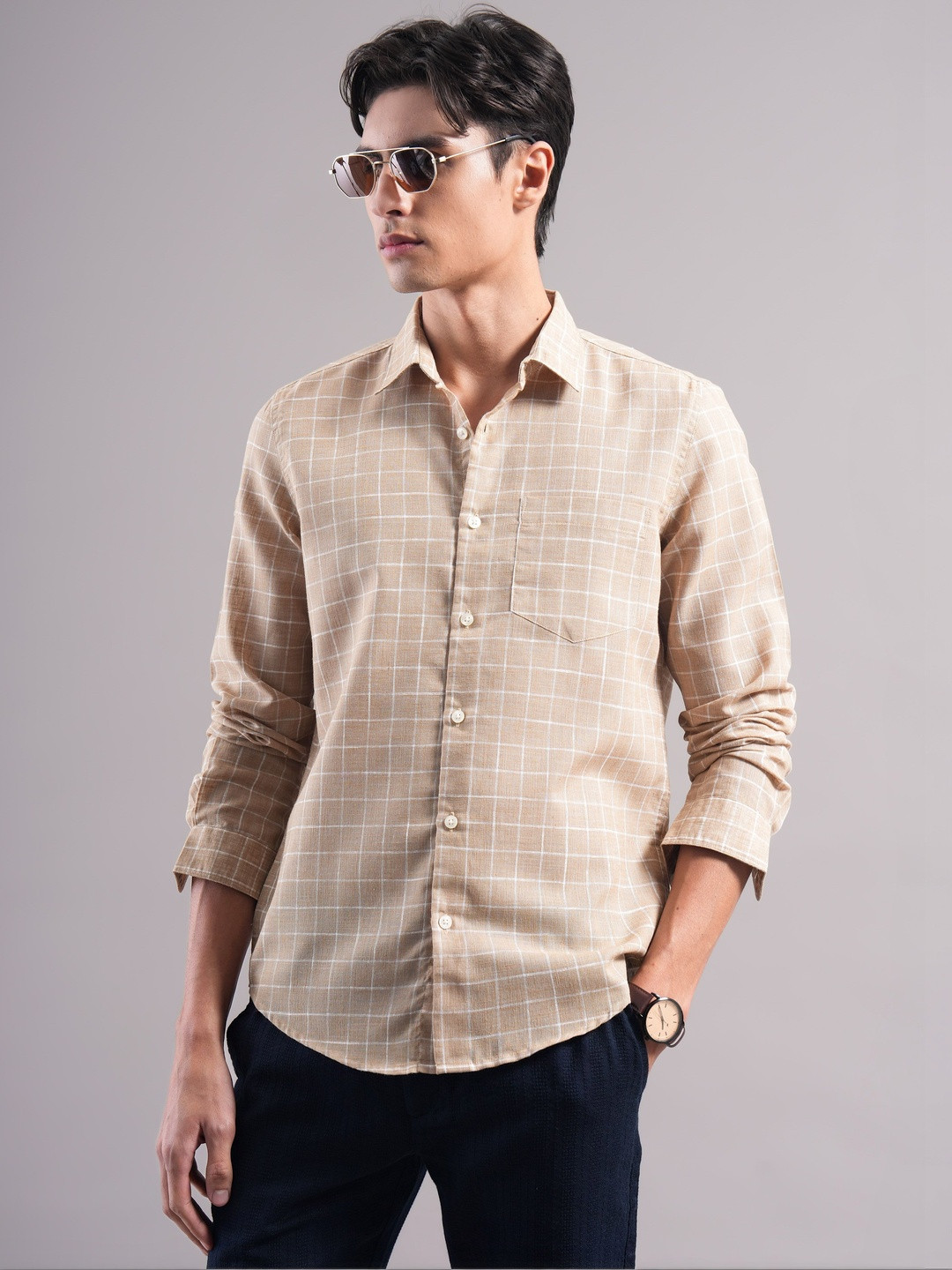 British Club Men Smart Slim Fit Windowpane Checks Checked Casual Shirt
