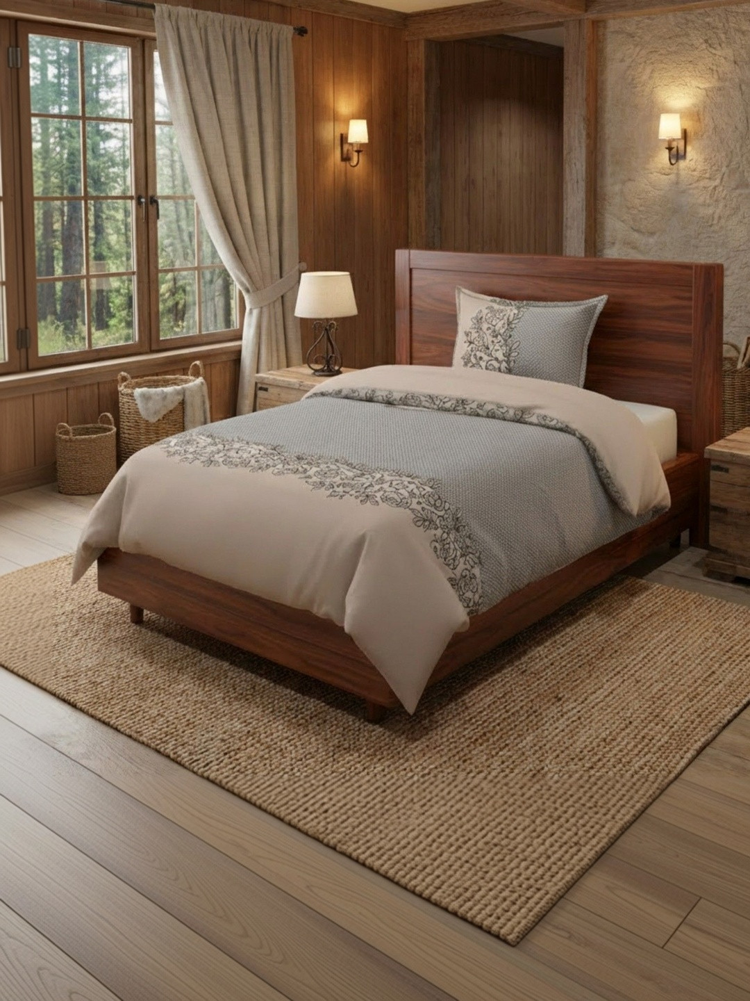 Bromwick Beige & Black Floral Printed Cotton Single Duvet Cover