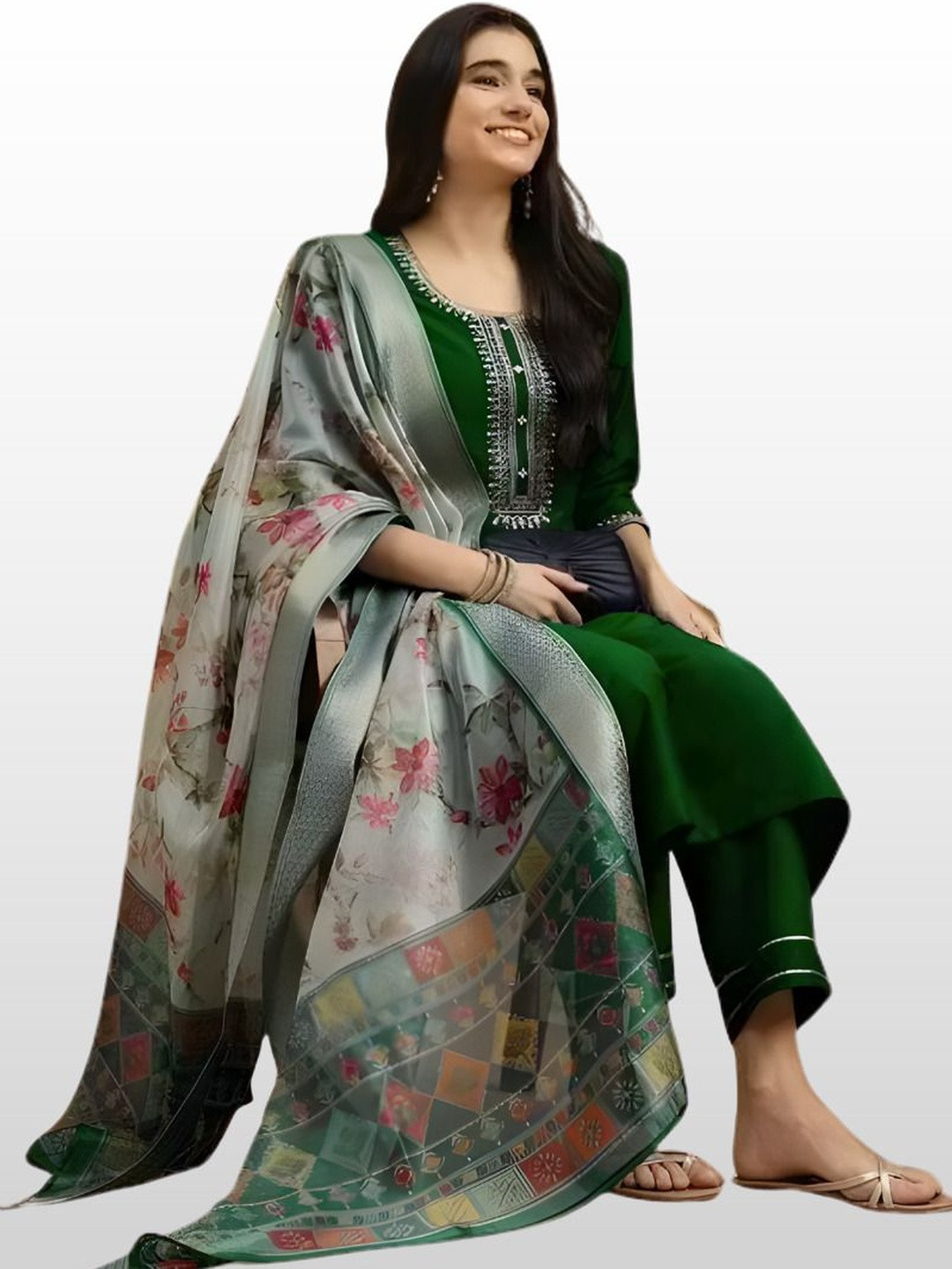 HERE&NOW Women Ethnic Motifs Embroidered Regular Thread Work Kurta with Trousers & With Dupatta