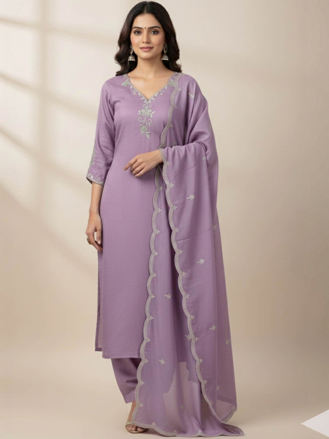 Glamelab Women Ethnic Motifs Embroidered Regular Thread Work Kurta with Trousers & With Dupatta