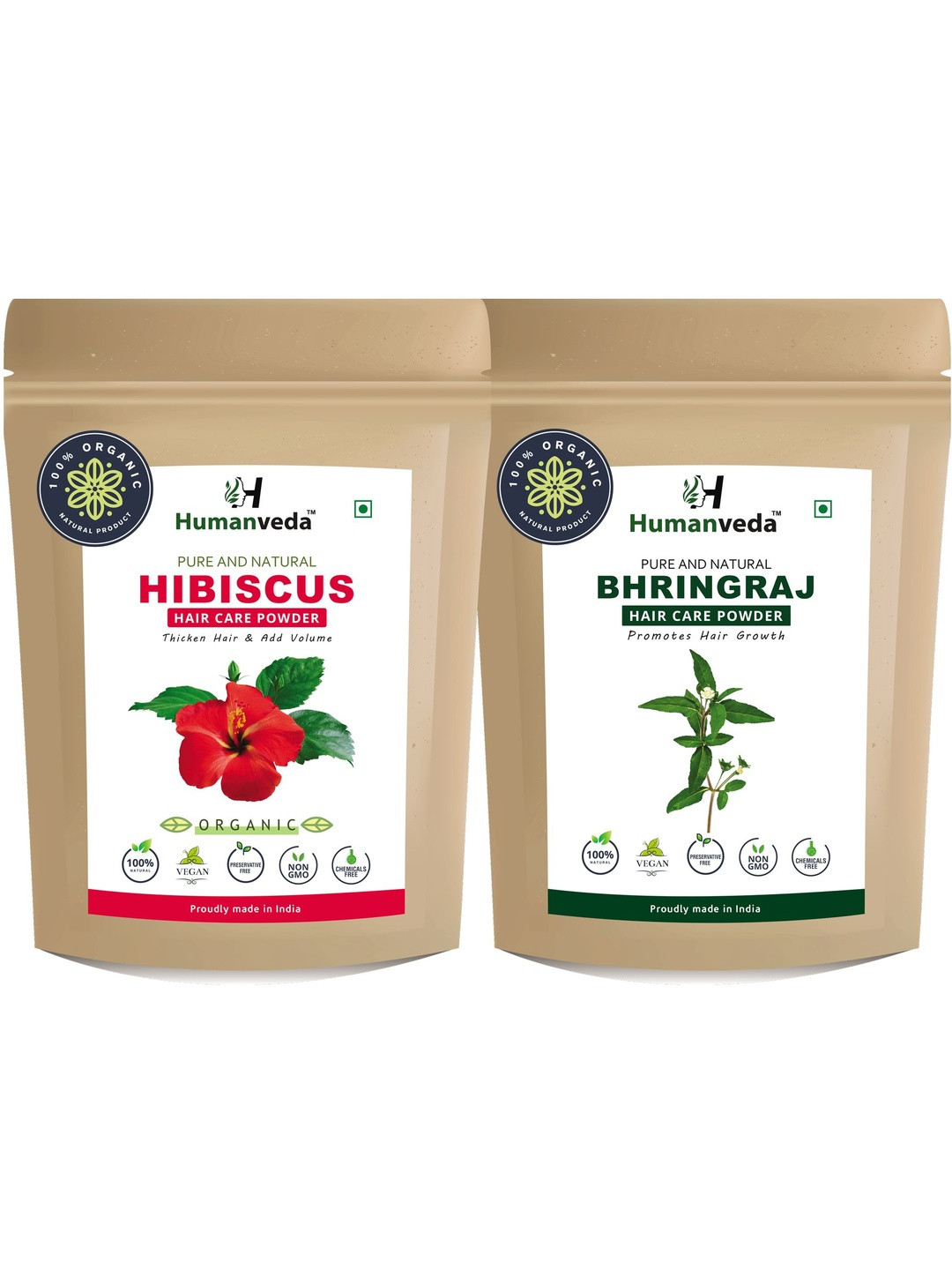 HUMANVEDA Set Of 2 Pure & Natural Bhringraj & Hibiscus Powder - 100 g Each