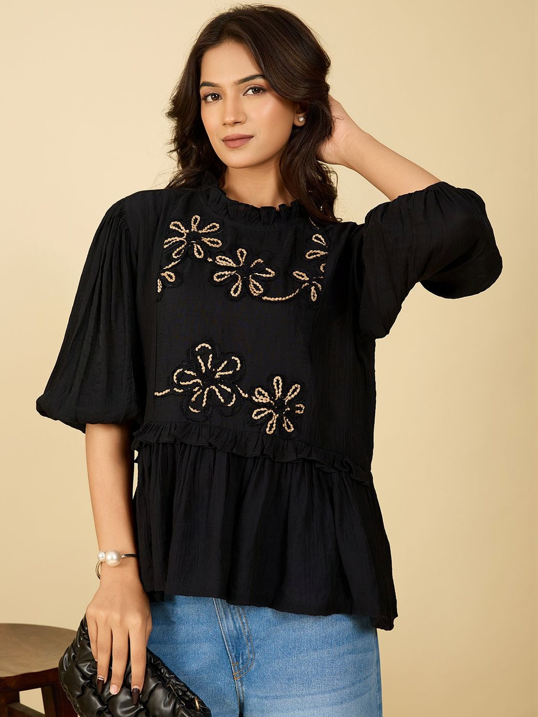 Sixth House Black Floral Embroidered Peplum Top