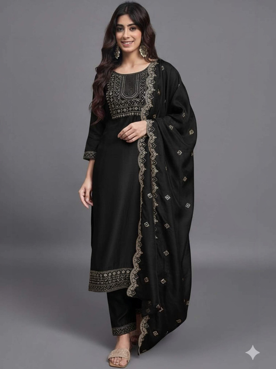 Glamelab Women Ethnic Motifs Embroidered Regular Thread Work Kurta with Trousers & With Dupatta
