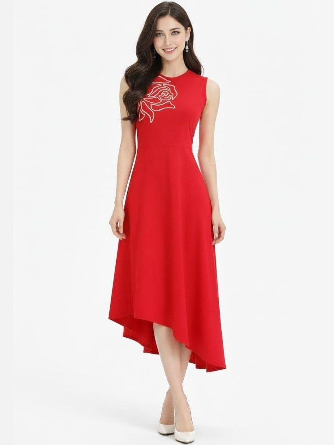 Athena Floral Embroidered Scuba Fit & Flare Midi Dress