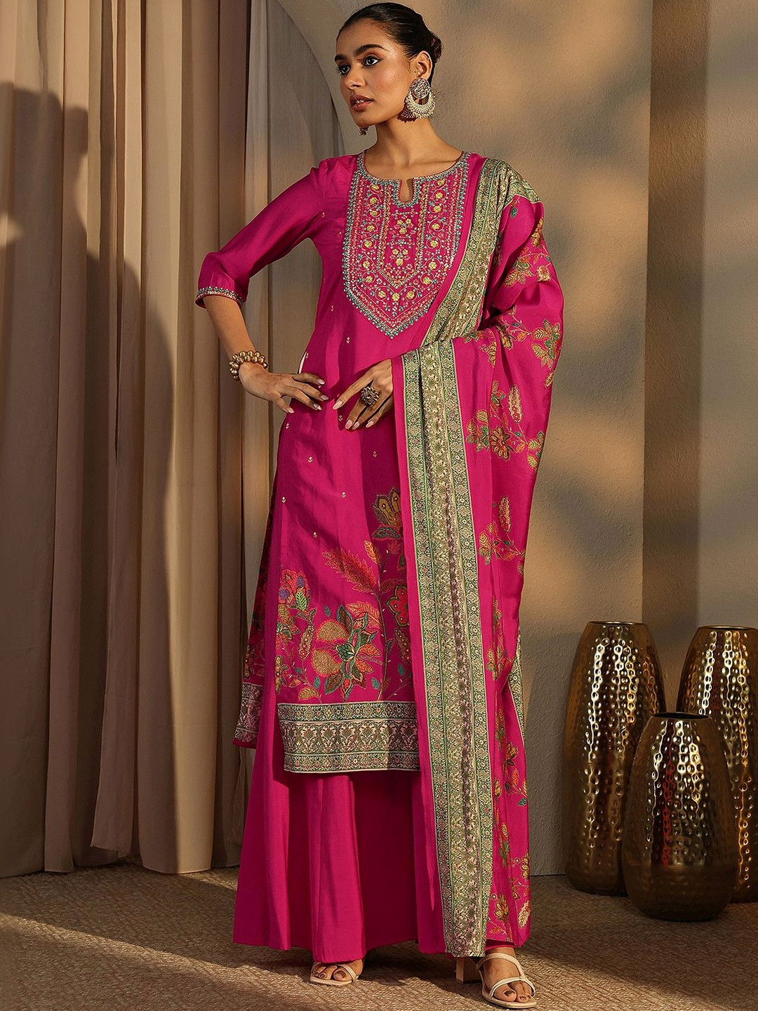 Libas Women Ethnic Motifs Embroidered Regular Thread Work Kurta with Palazzos & With Dupatta