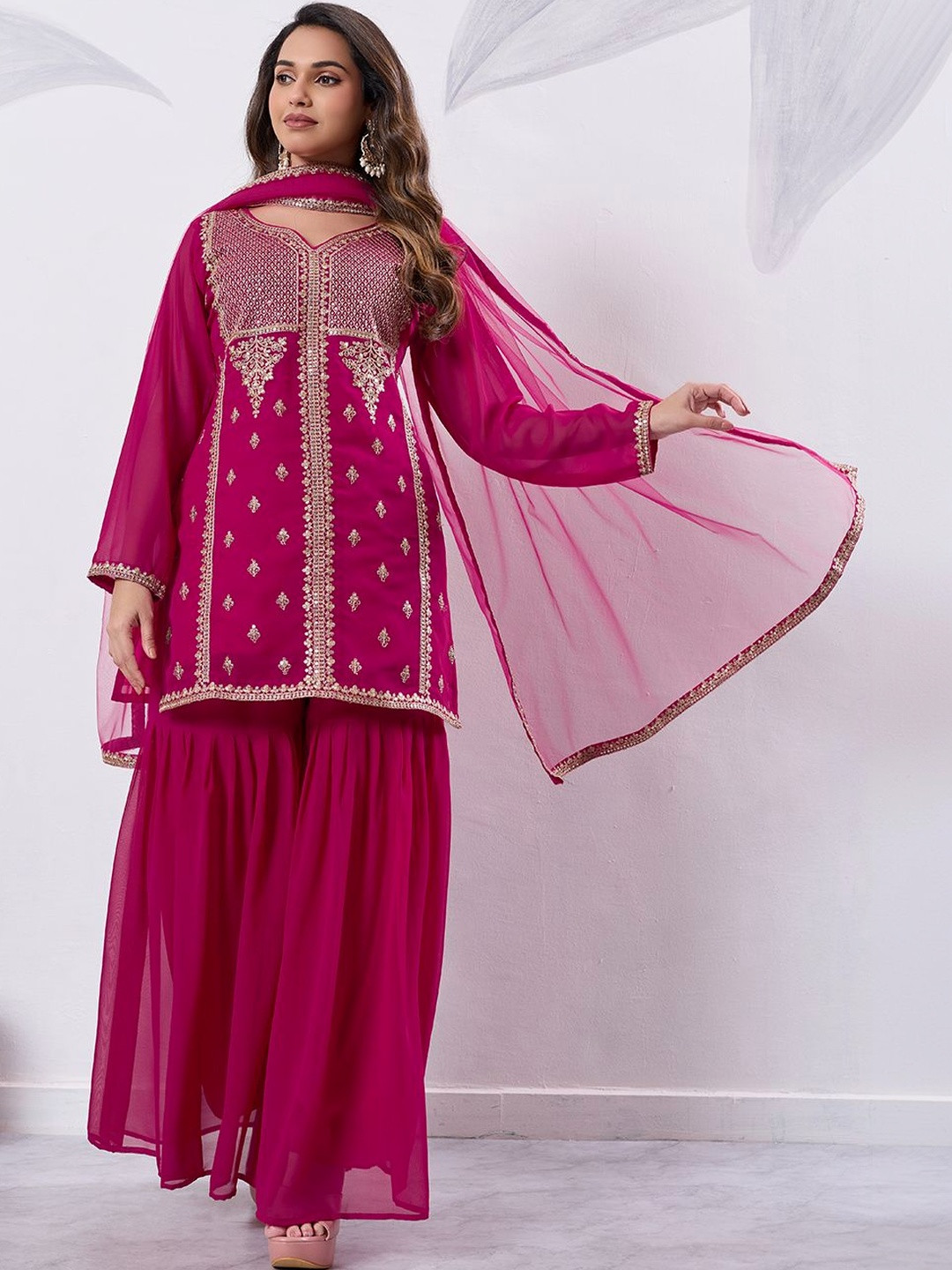 ZOEMIRA Women Ethnic Motifs Embroidered Regular Thread Work Kurta with Sharara & With Dupatta