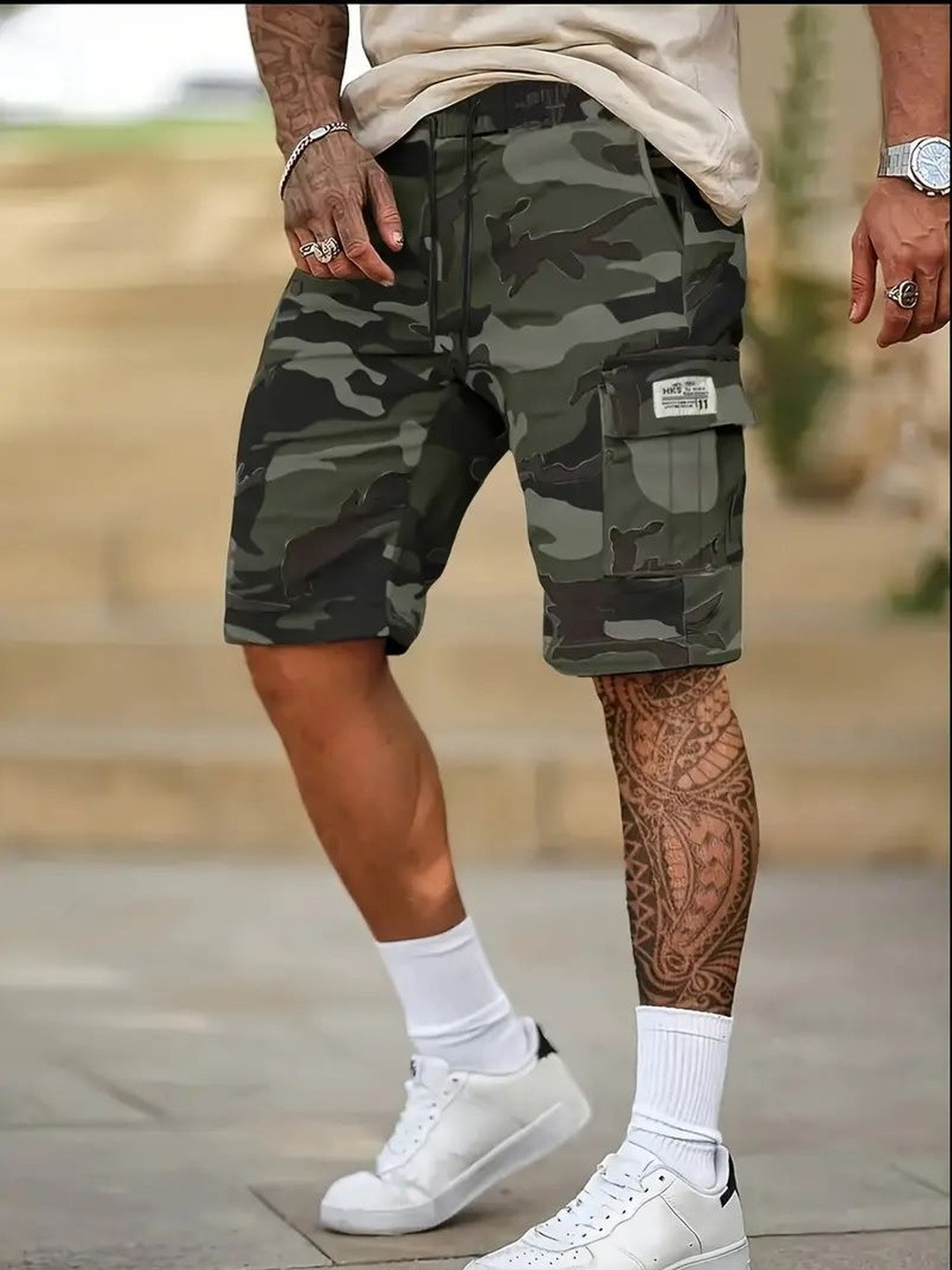 R.Code by The Roadster Life Co. Men Camouflage Printed Loose Fit High-Rise Cargo Shorts