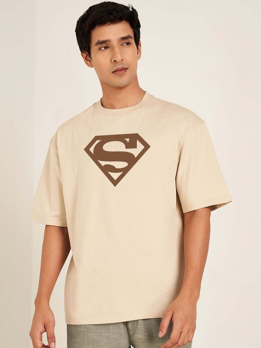 Men's Cream Superman Graphic Relaxed Fit Cotton T-shirt