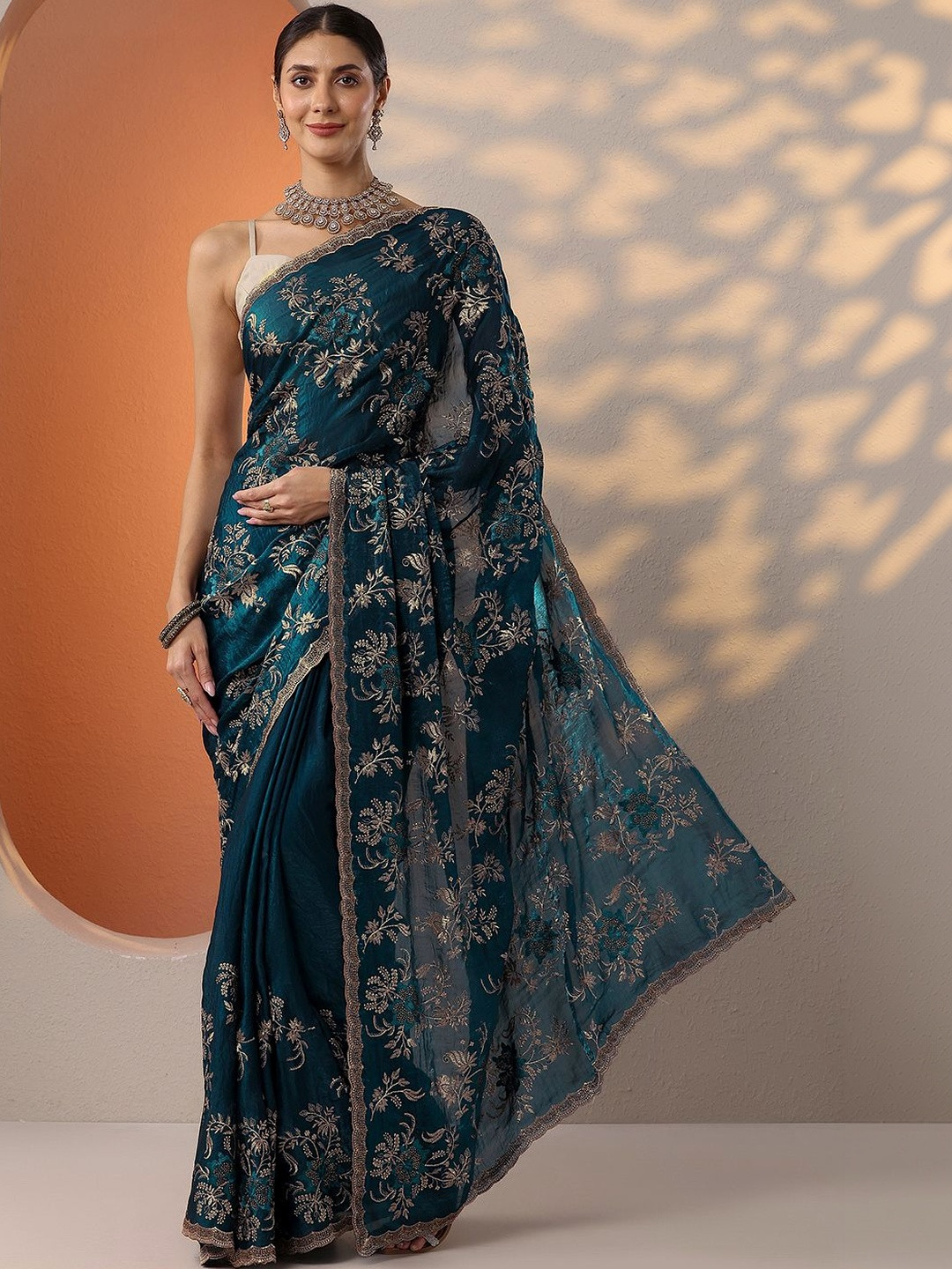 Libas Blue Embroidered Organza Saree With Unstitched Blouse Piece