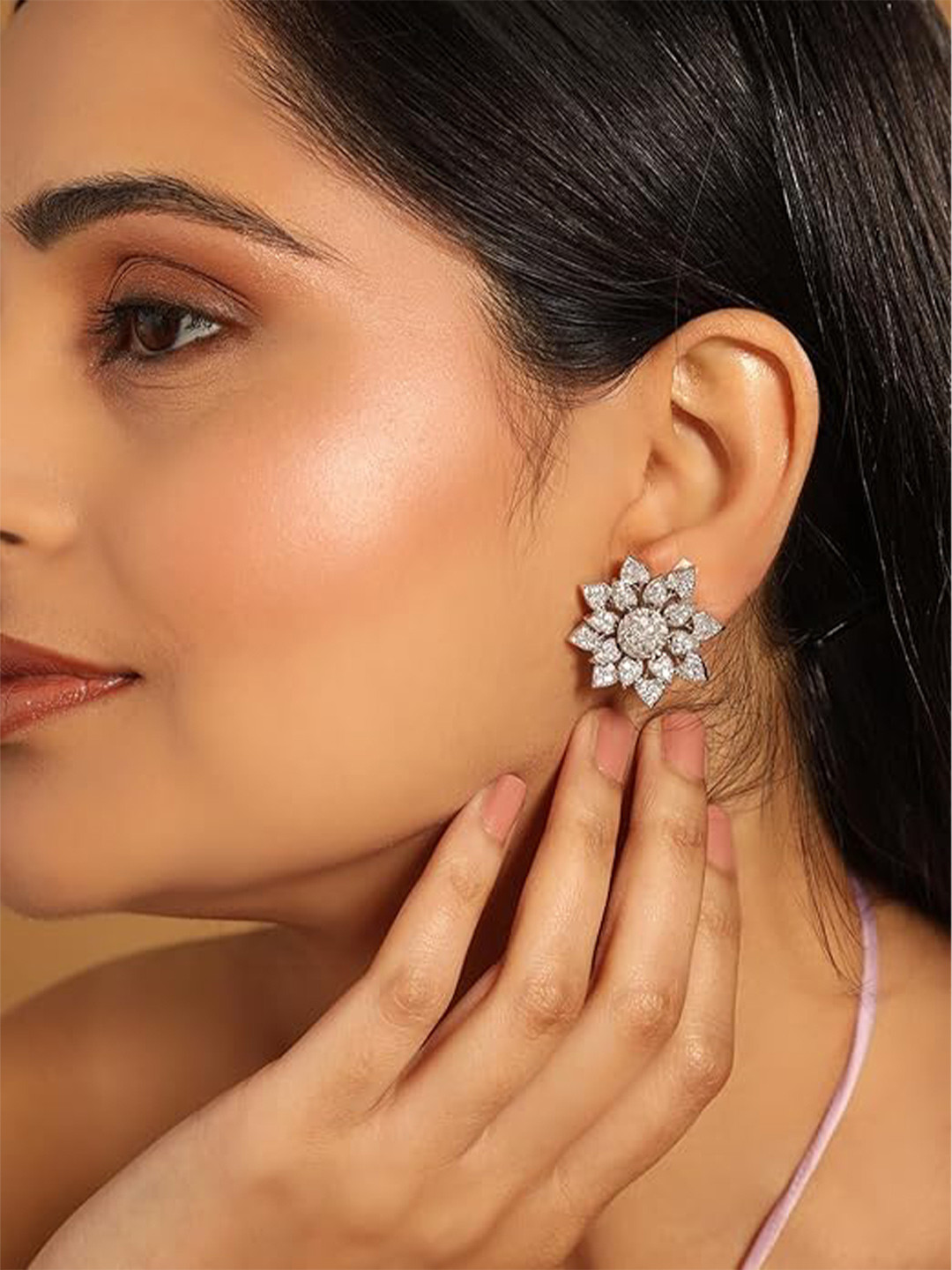 Nuyug  Rhodium-Plated Rhinestone Studded Floral Shaped Statement Studs