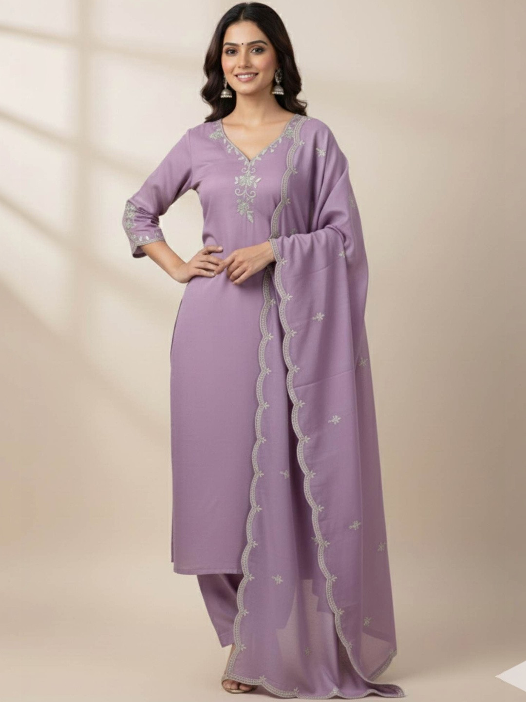 Glamelab Women Ethnic Motifs Embroidered Regular Thread Work Kurta with Trousers & With Dupatta