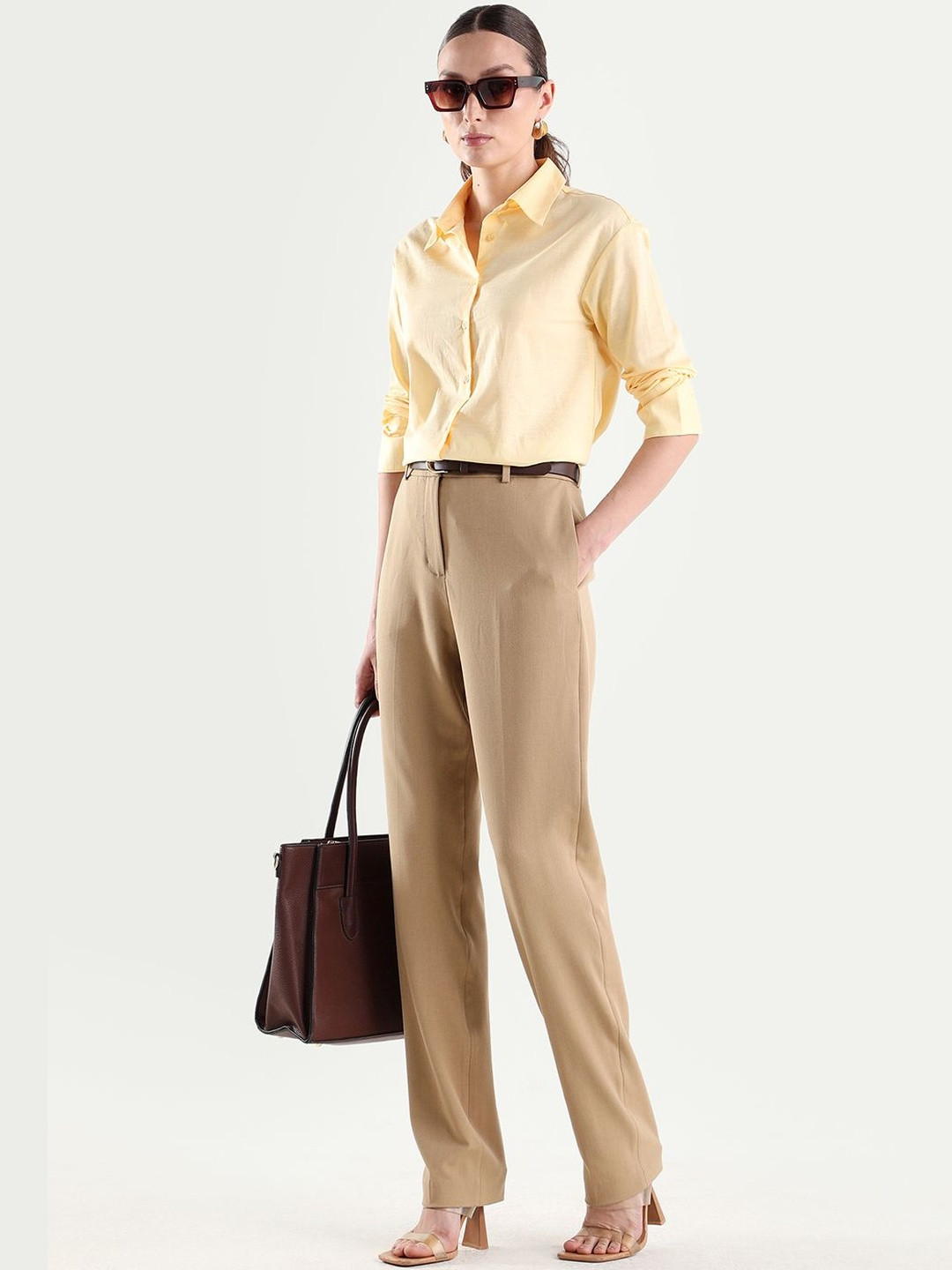 RAREISM Women Khaki Lycra Tapered Fit Plain Trouser