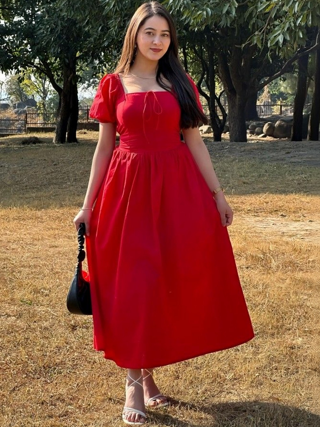 ELYRAA Puff Sleeve Fit & Flare Midi Dress