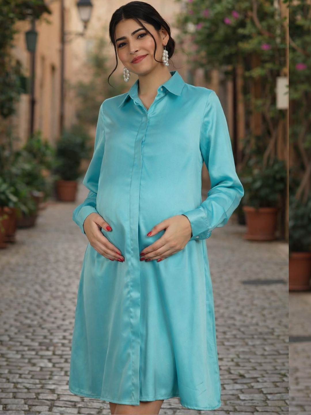 angloindu Satin Maternity Shirt Dress