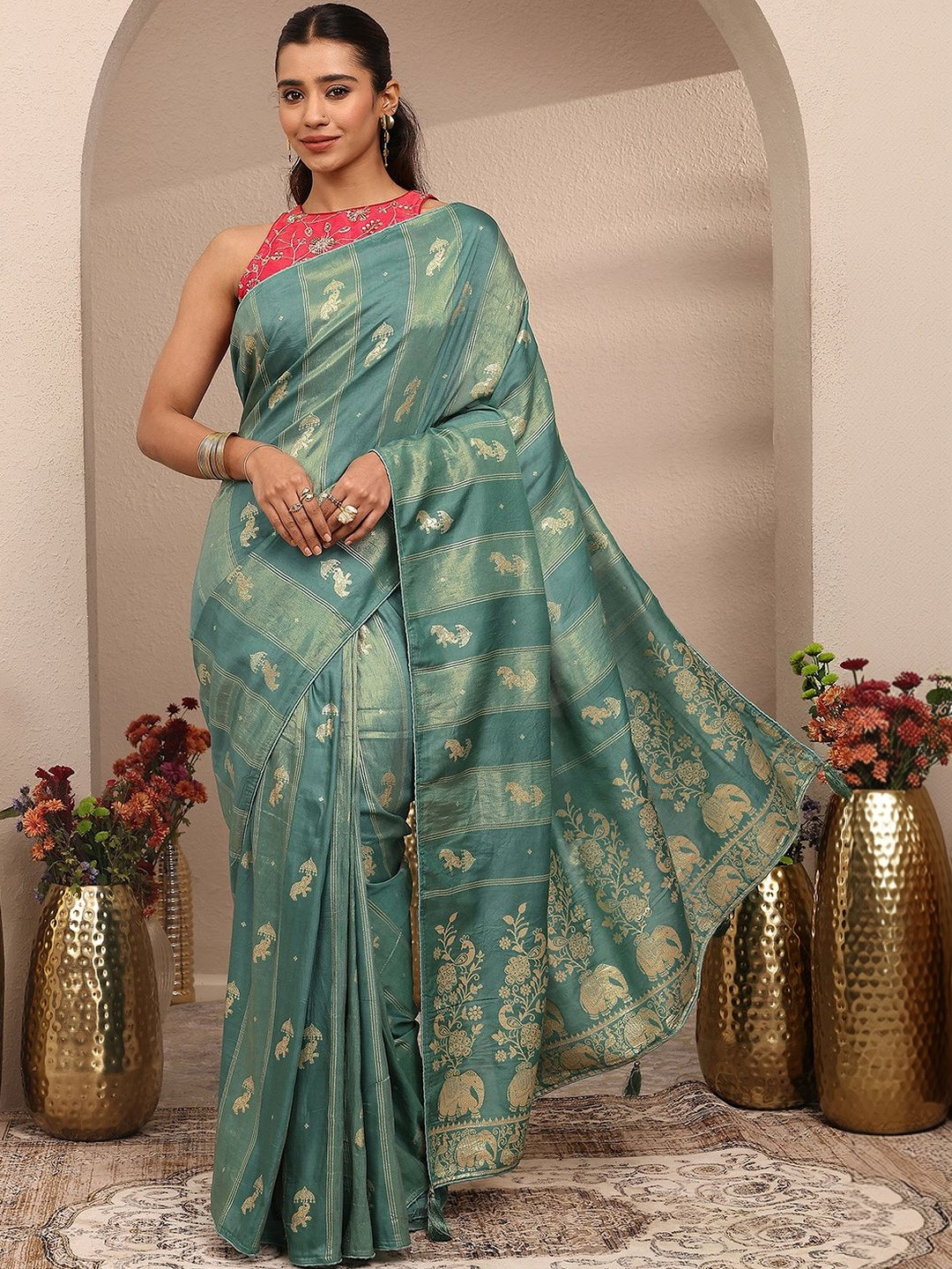 Libas Green Tribal Woven Design Saree With Unstitched Blouse Piece