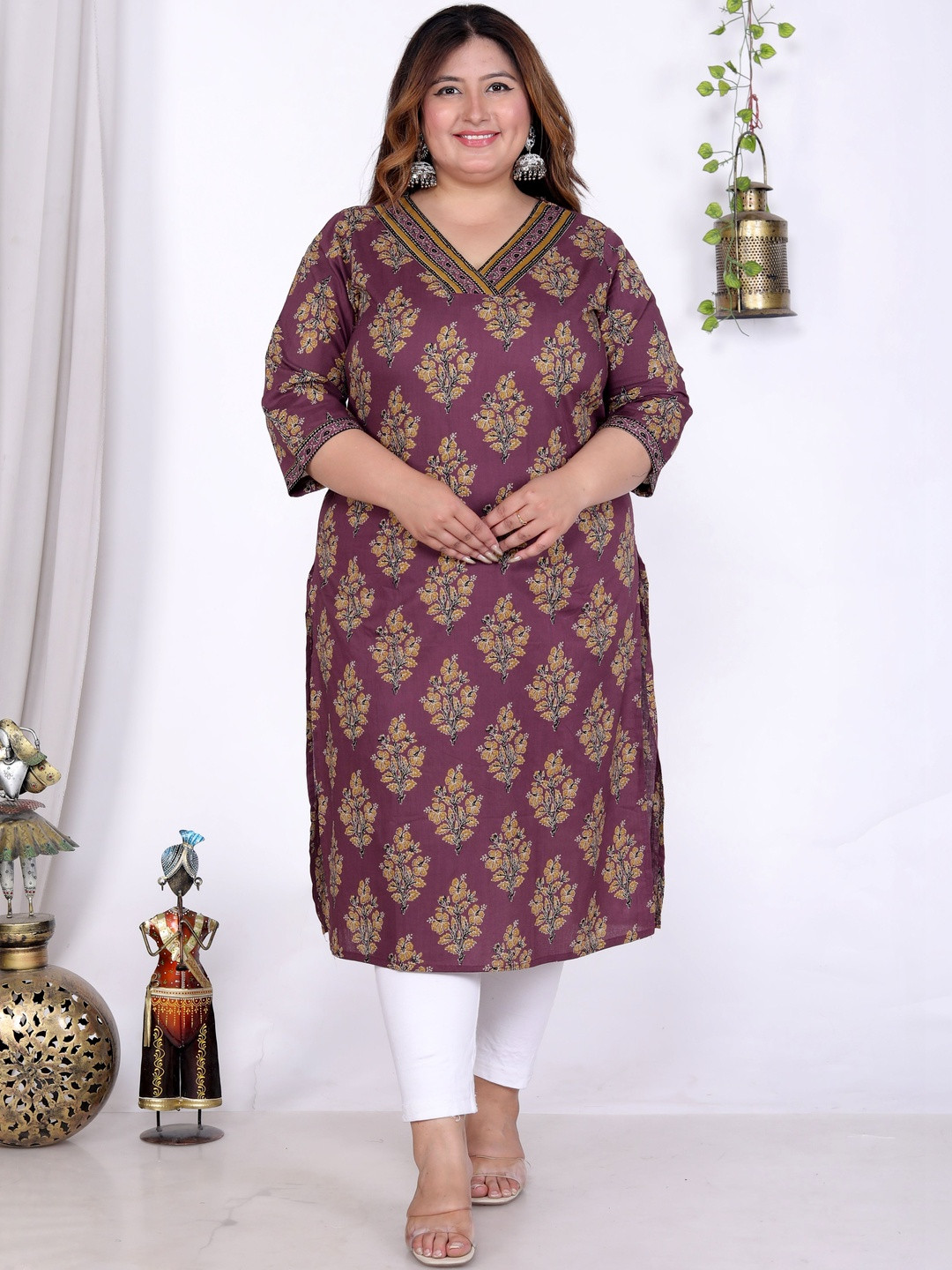 AKRITIK Women Floral Printed Mirror Work Block Print Kurta