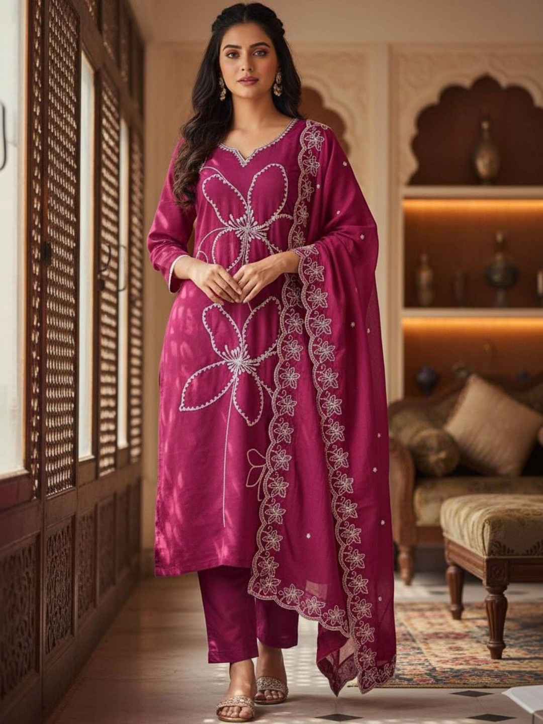 Glamelab Women Floral Embroidered Regular Thread Work Kurta with Trousers & With Dupatta