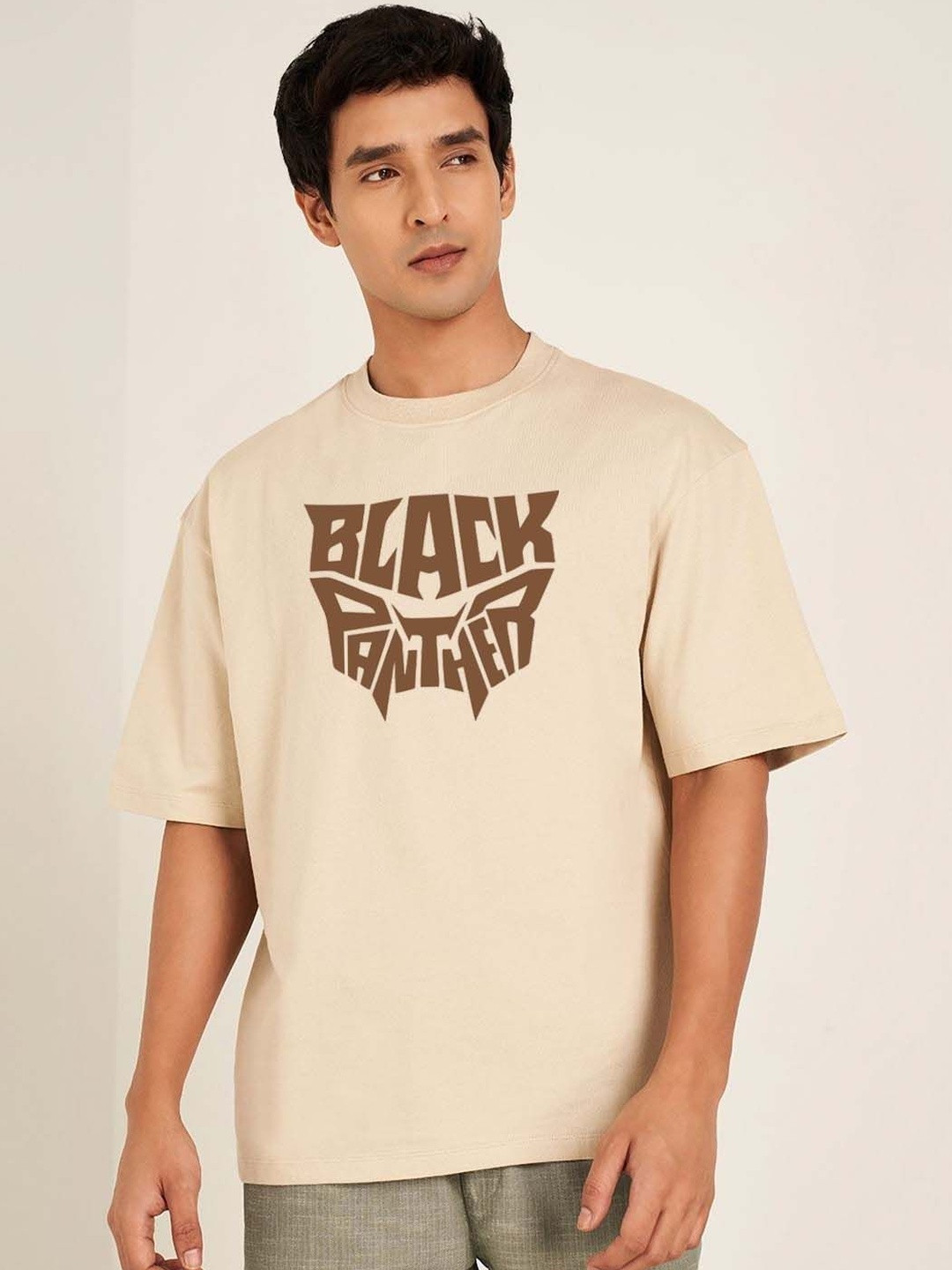 Men's Cream Black Panther Typography Regular Fit T-shirt