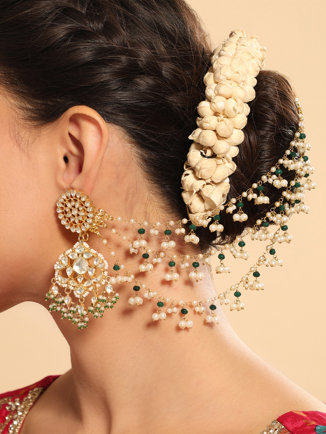 Nuyug  Gold-Plated Pearls Beaded Contemporary Ear Chain