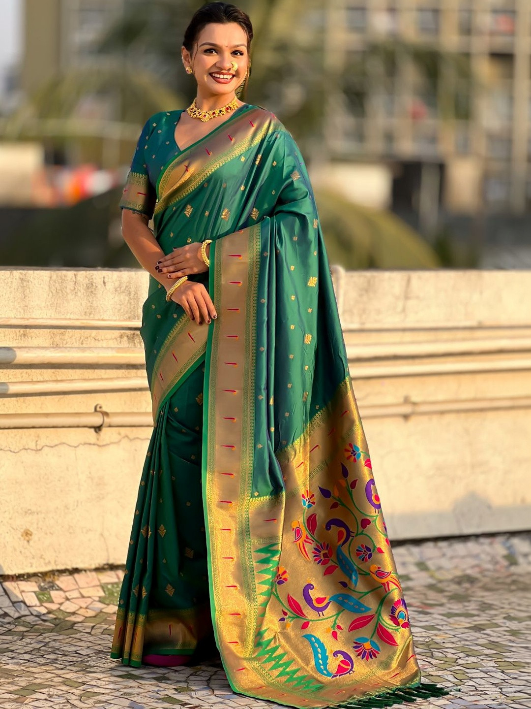 ELITE WEAVES Isha Embroidered Paithani Silk Blend Saree